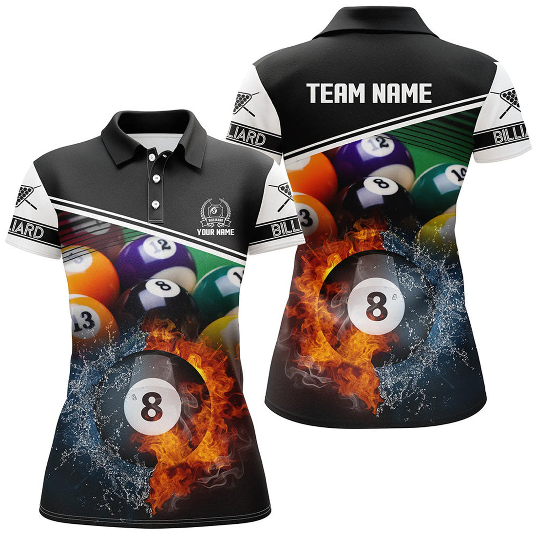 Custom Billiard 8 Ball In Fire And Water 3D Black Polo Shirts For Women, Gifts For Billiard Player