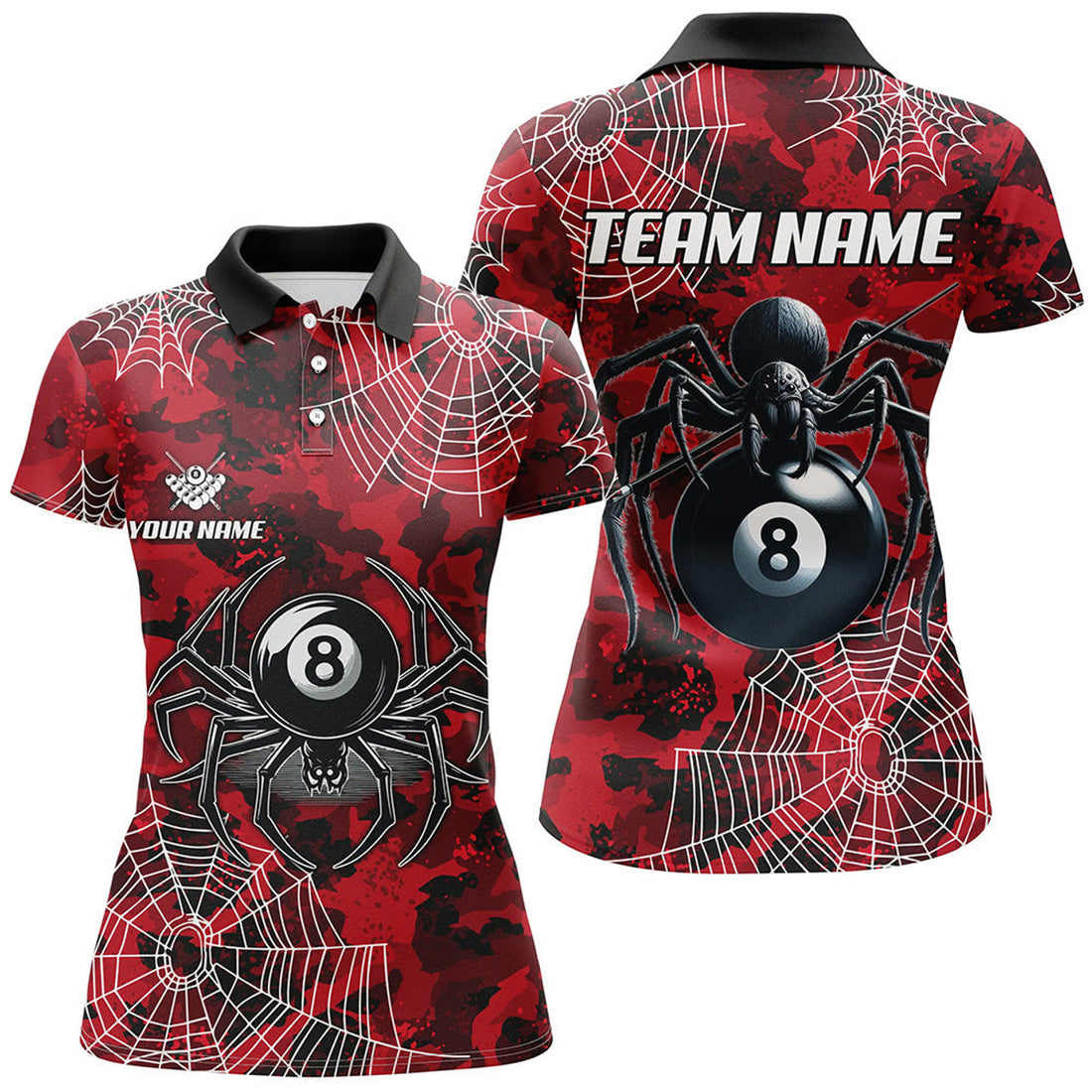 Custom Red Camo Billiard Spider Cobweb Custom Women Polo Shirts, Unique 8 Ball Pool Jerseys
