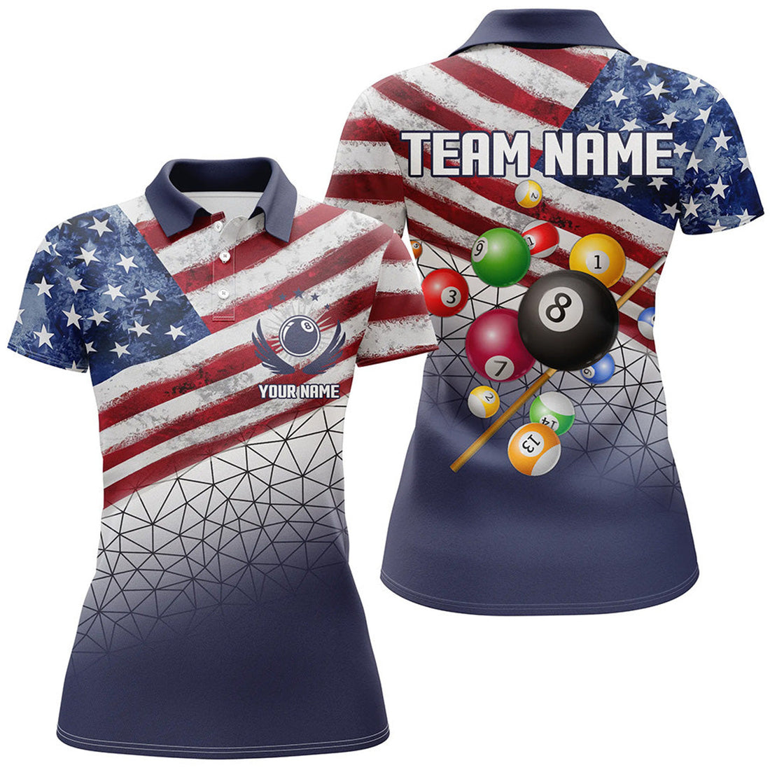 Customized US Flag 3D Billiard Balls Women Polo Shirt, Patriotic Billiard Jersey Attire