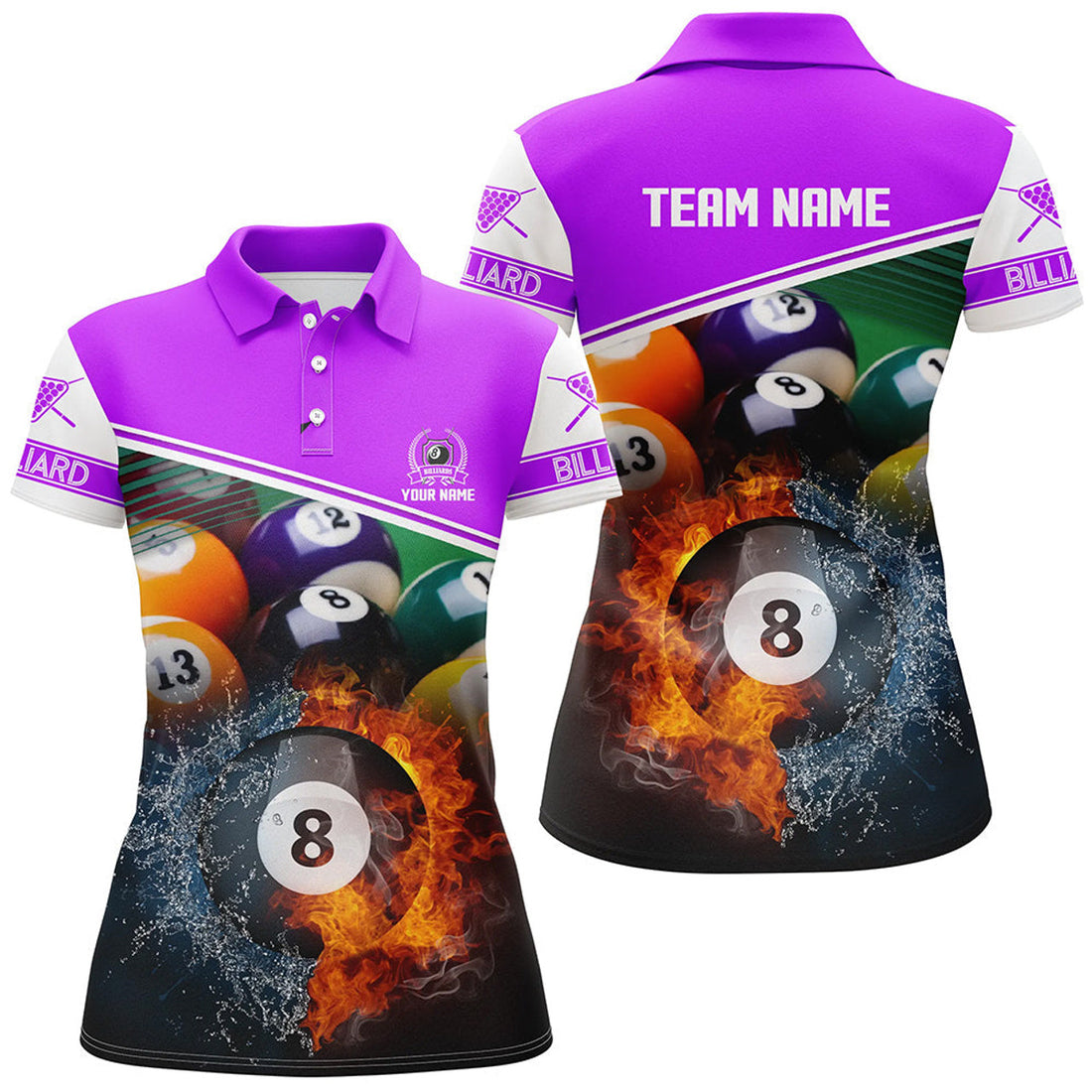Custom Name Billiard 8 Ball In Fire And Water 3D Polo Shirts For Women, Gifts For Billiard Player