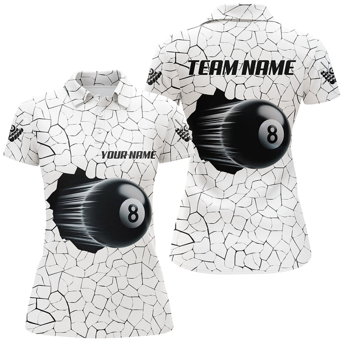 Custom 8 Ball Pool Magic White Crack Pattern Personalized Women Billiard Polo Shirt, Unique Billiard Shirts