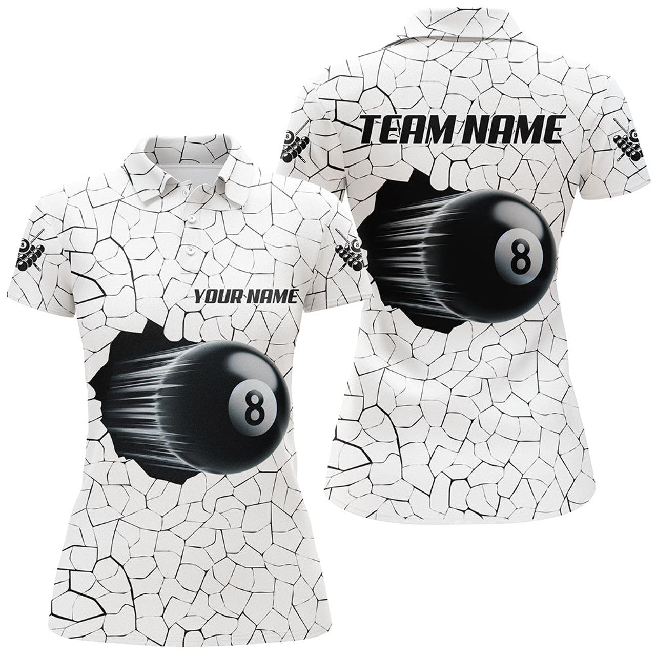 Custom 8 Ball Pool Magic White Crack Pattern Personalized Women Billiard Polo Shirt, Unique Billiard Shirts