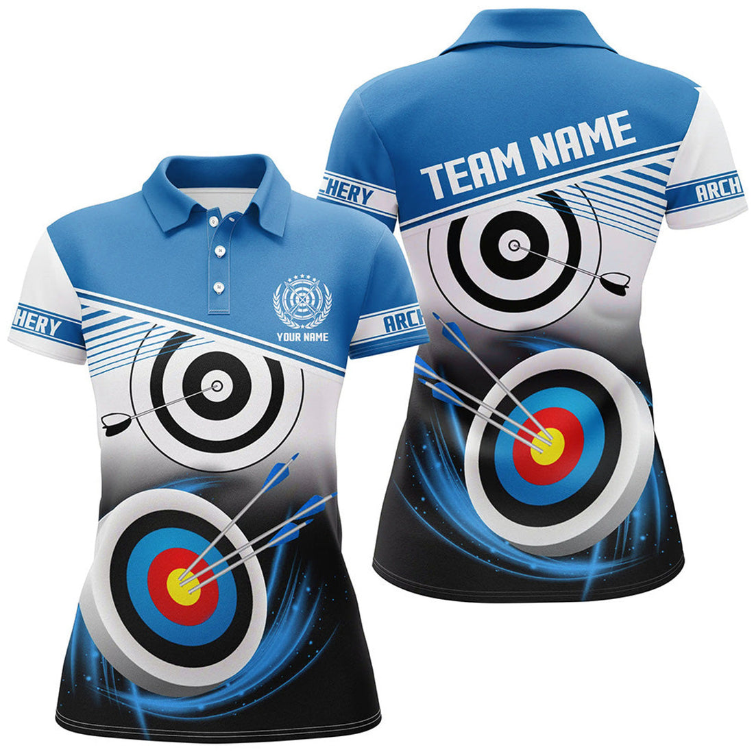Custom Personalized Name Archery Polo Shirts For Women Custom Blue Archery 3d Target Shirts, Archery Uniform