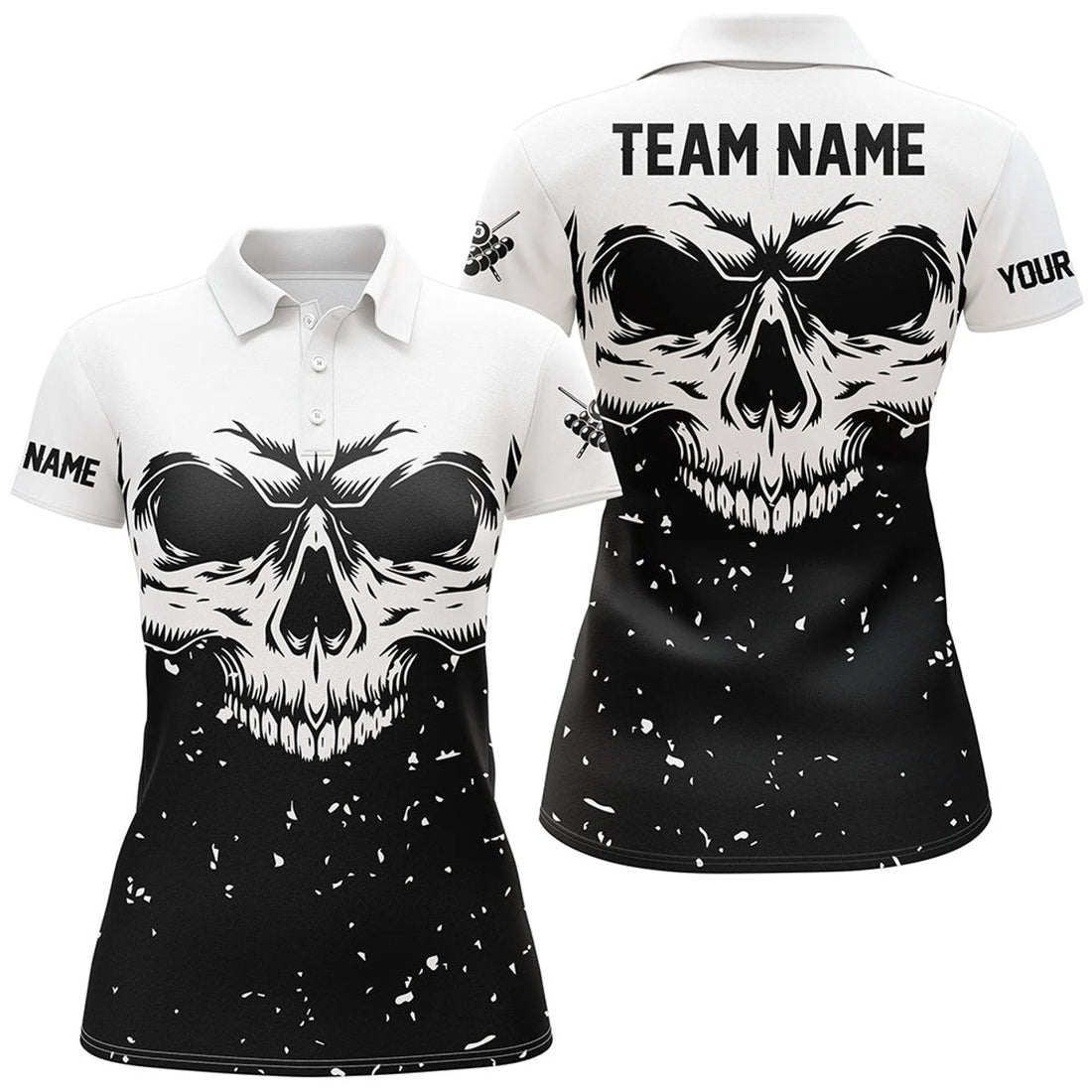 Custom Grunge Black White Skull Billiard Women Polo Shirts, 8 Ball Billiards Apparel Clothing