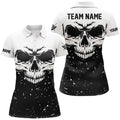 Custom Grunge Black White Skull Billiard Women Polo Shirts, 8 Ball Billiards Apparel Clothing