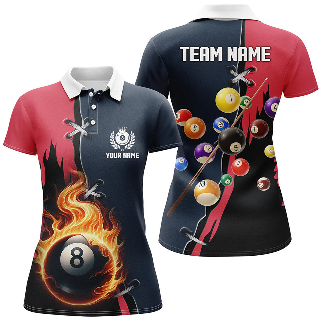 Custom Personalized Red Navy 8 Ball Pool Jerseys Women Polo Shirts Custom Unique Billiard Balls Shirts