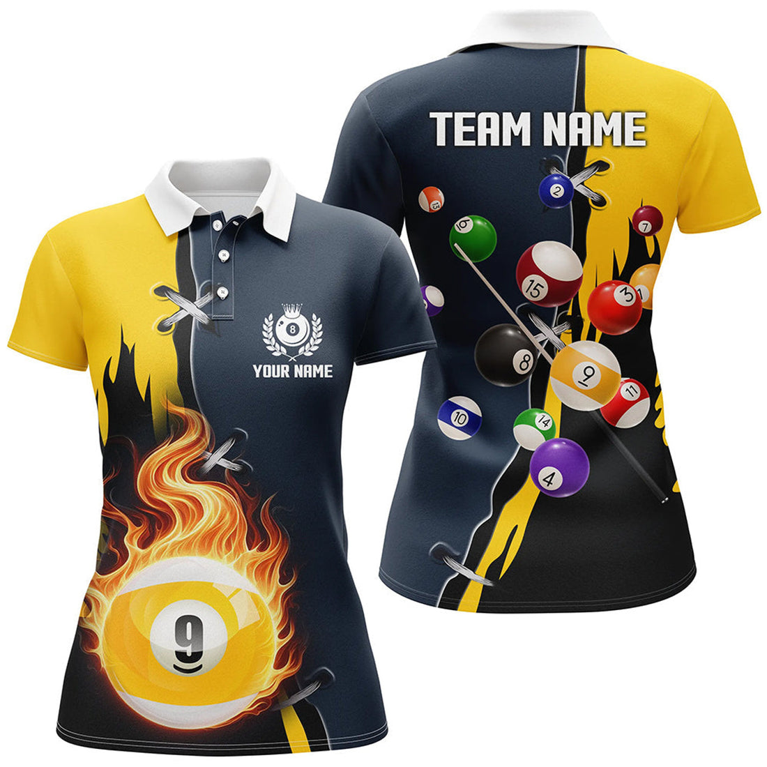 Custom Personalized Yellow Navy 9 Ball Pool Jerseys Women Polo Shirts Custom Unique Billiard Balls Shirts