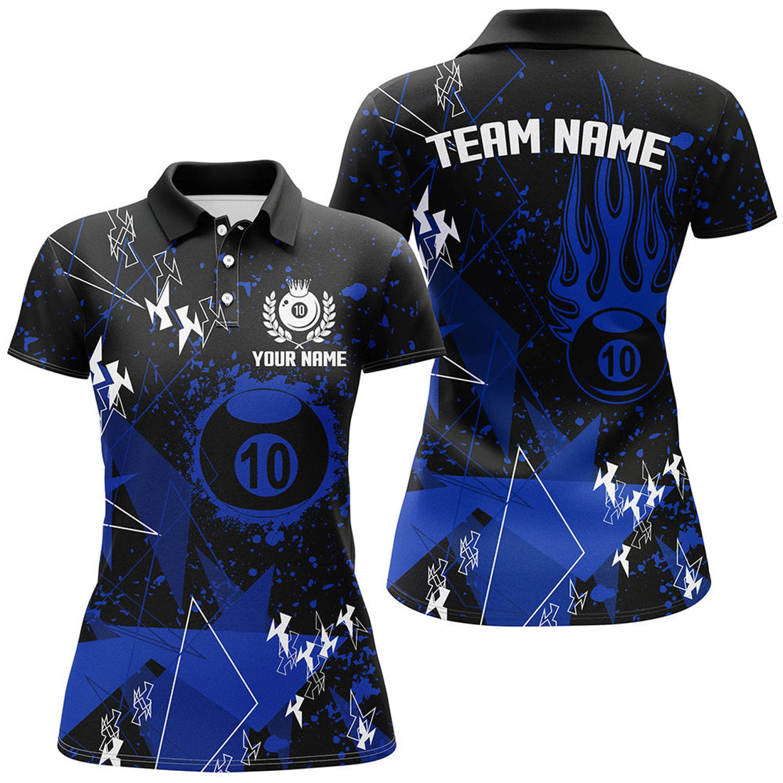 Custom Personalized Blue Grunge 10 Ball Billiard Women Polo Shirts, Custom Billiard Jersey For Pool Player