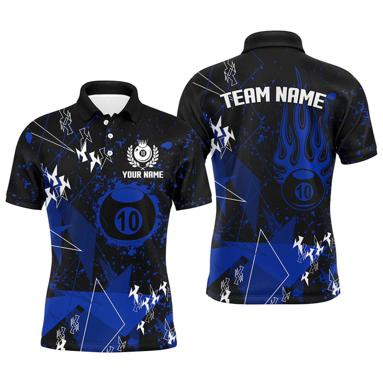 FUNSTUFFPRINT Personalized Blue Grunge 10 Ball Billiard Men Polo Shirts, Custom Billiard Jersey For Pool Player Polo Shirt Size S-5XL