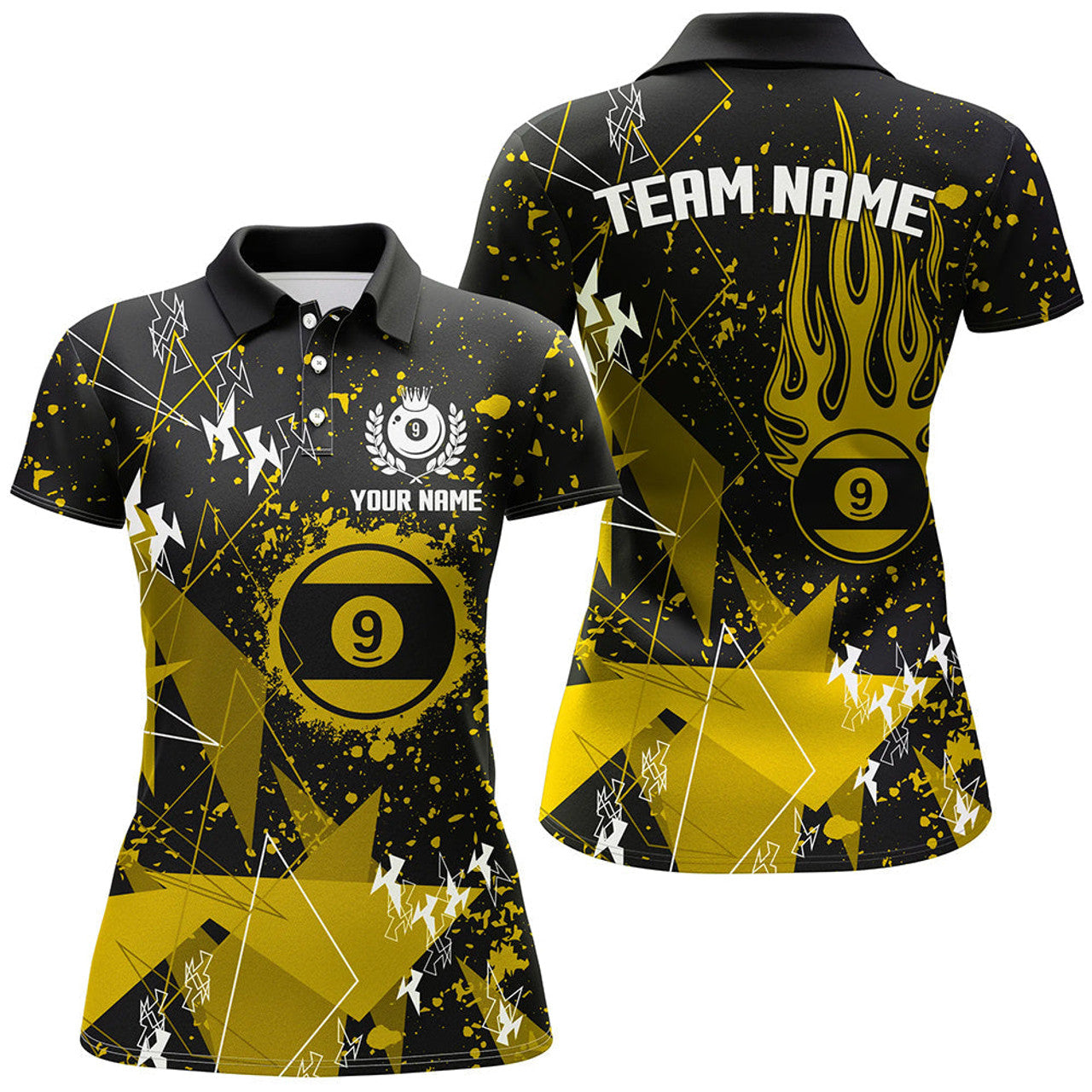 Custom Personalized Yellow Grunge 9 Ball Billiard Women Polo Shirts, Custom Billiard Jersey For Pool Player