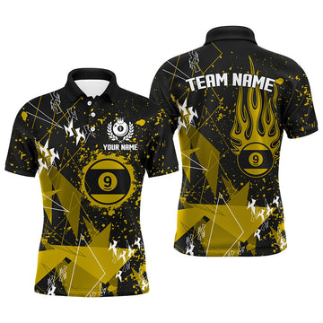 Personalized Yellow Grunge 9 Ball Billiard Men Polo Shirts, Custom Billiard Jersey For Pool Player