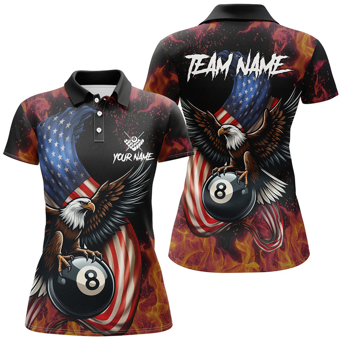 Custom 8 Ball Pool American Flag Eagle Fire Billiard Shirts For Women, Patriotic Billiard Team Jersey