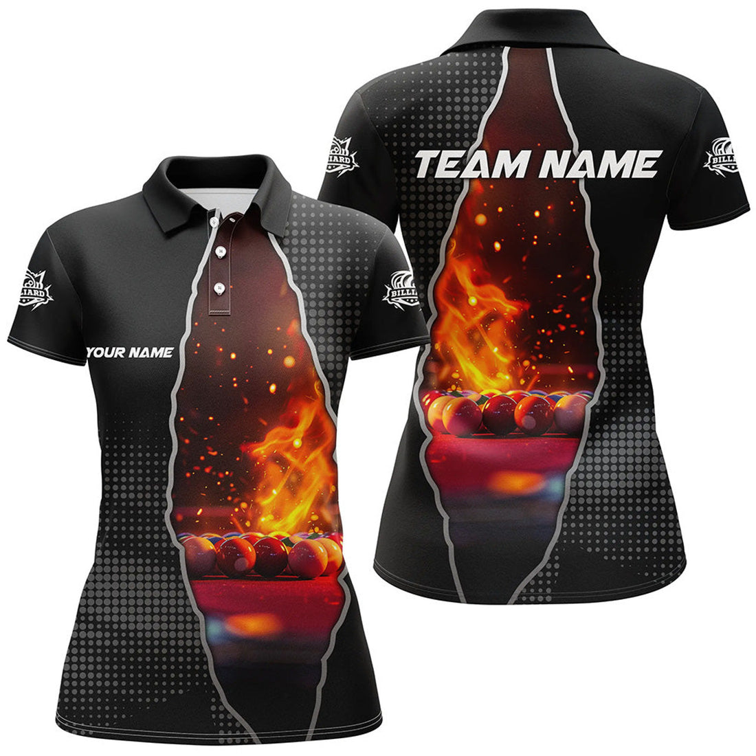 Custom Black Billiard Balls Fire 3D Printed Women Polo Shirt, Billiard Apparel Clothing