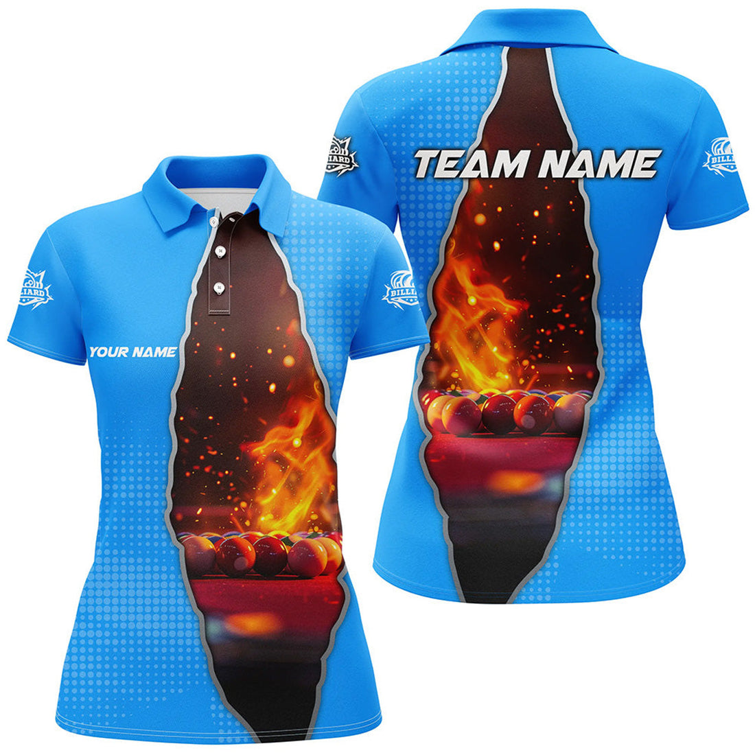 Custom Blue Billiard Balls Fire 3D Printed Women Polo Shirts, Billiard Apparel Clothing