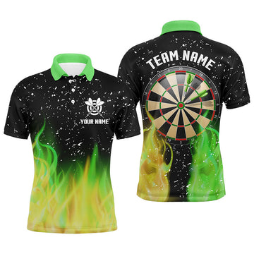 Custom Green And Yellow Fire Dartboard Men Darts Polo Shirts Custom Dart Shirts For Team Dart Jerseys