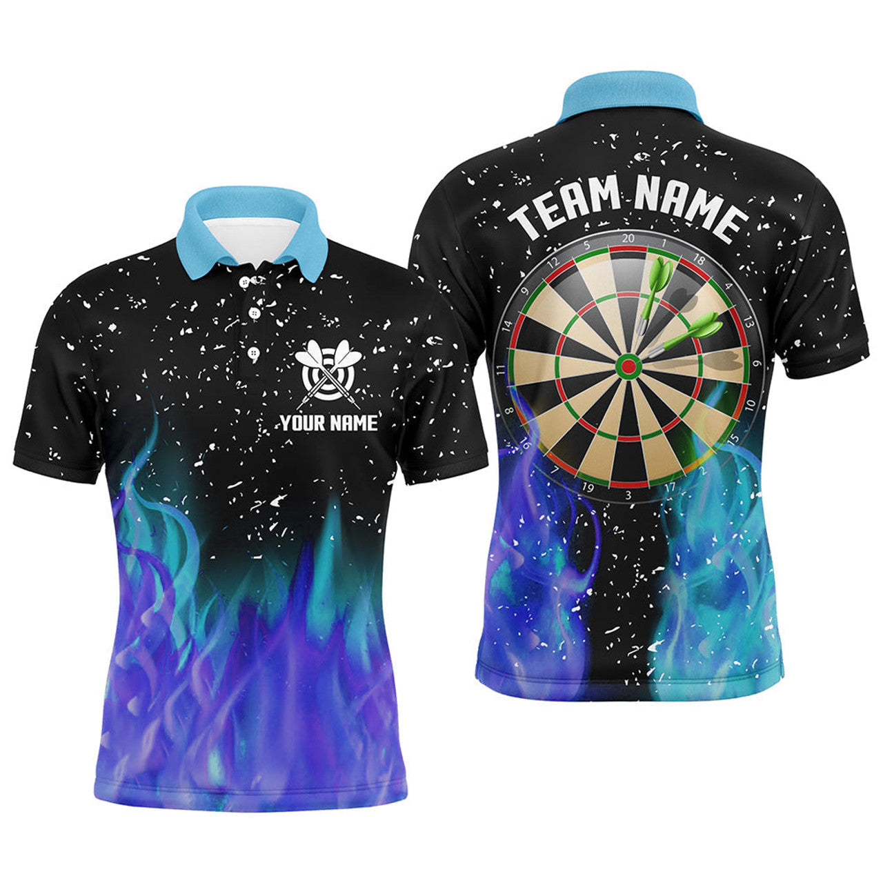 FUNSTUFFPRINT 3D Blue And Purple Fire Dartboard Men Darts Polo Shirts Custom Dart Shirts For Team Dart Polo Shirt Size S-5XL