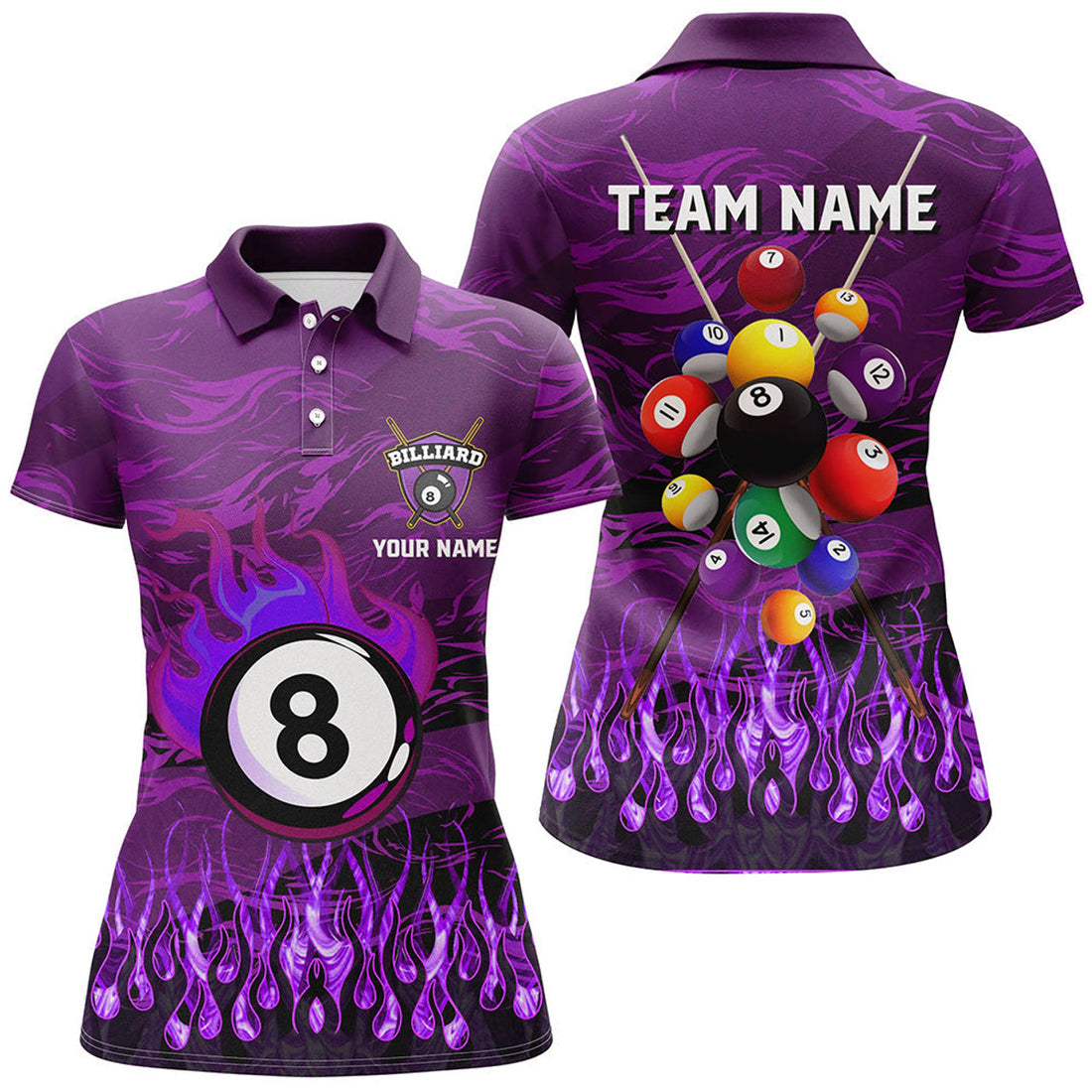 Custom Personalized Fire Flame 3D Billiard Balls Women Polo Shirts Custom Purple Billiard Jersey Attire