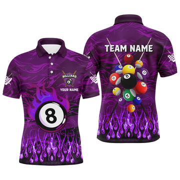 Personalized Fire Flame 3D Billiard Balls Men Polo Shirts Custom Purple Billiard Jersey Attire