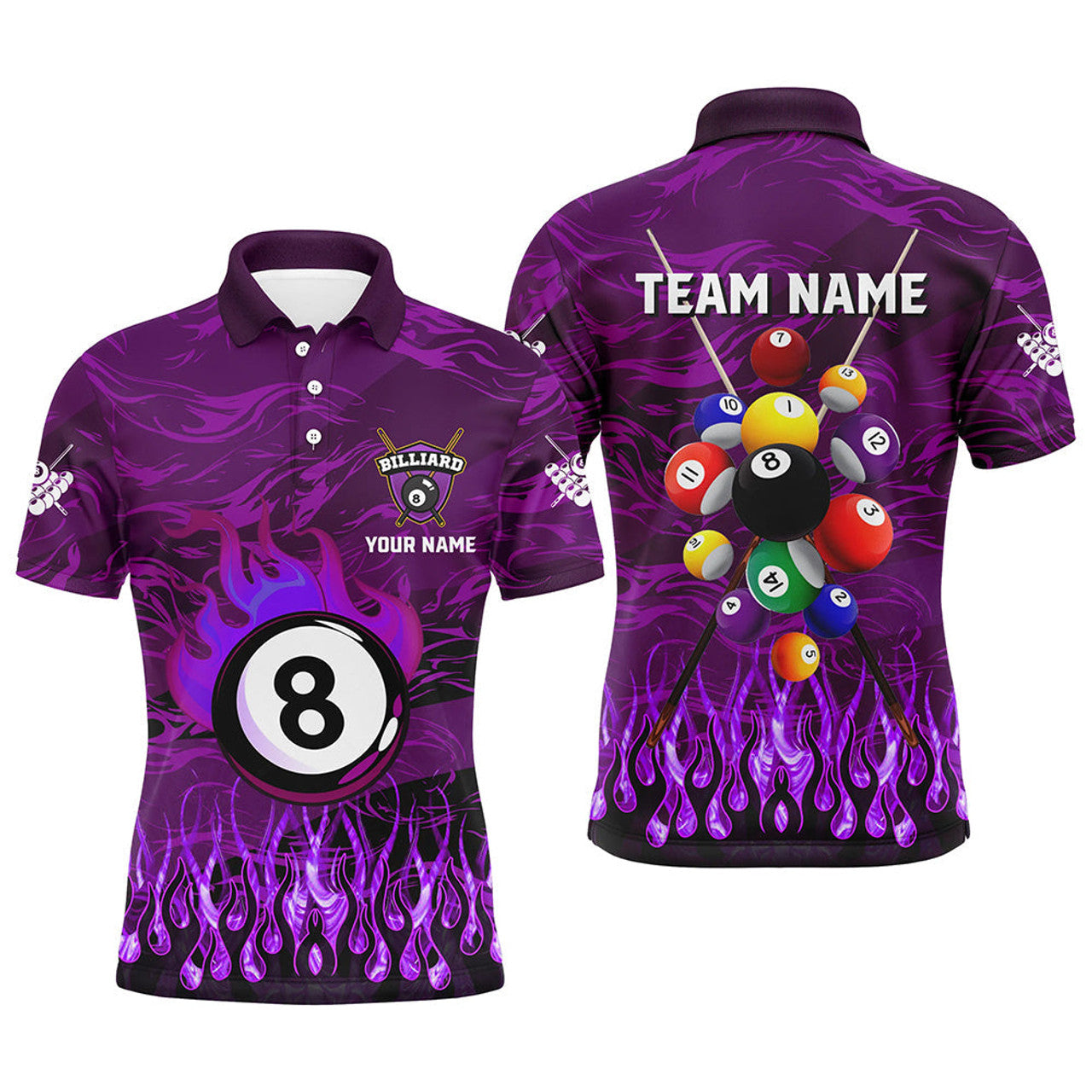 FUNSTUFFPRINT Personalized Fire Flame 3D Billiard Balls Men Polo Shirts Custom Purple Billiard Jersey Attire