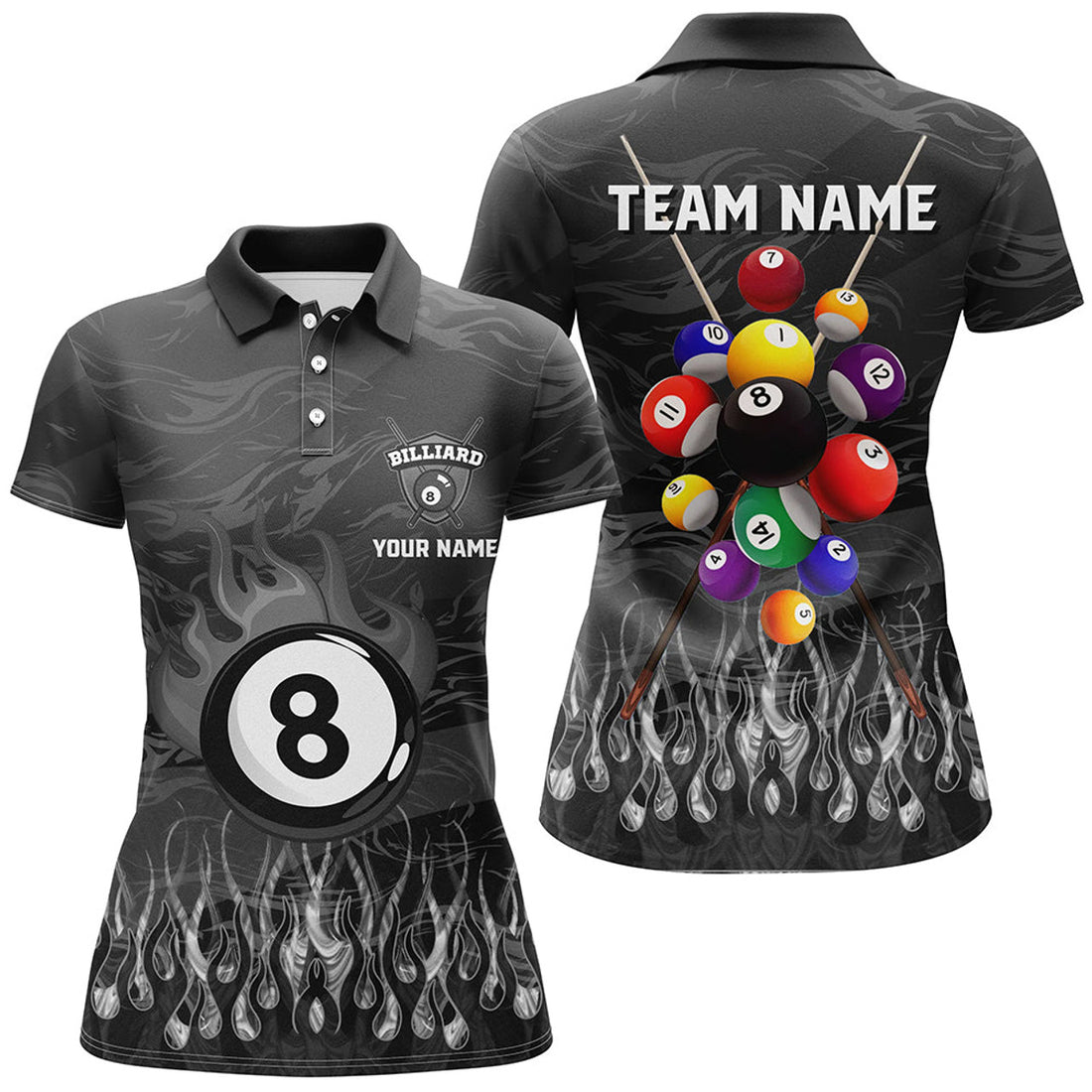 Custom Personalized Fire Flame 3D Billiard Balls Women Polo Shirts Custom Black Billiard Jersey Attire