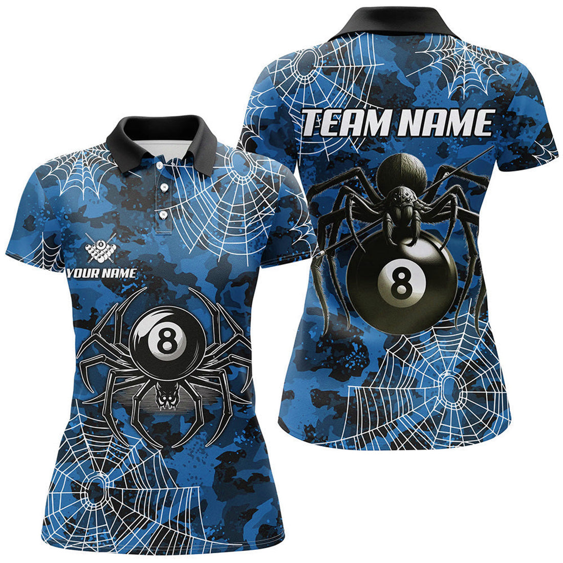 Custom Blue Camo Billiard Spider Cobweb Custom Women Polo, Unique 8 Ball Pool Jerseys