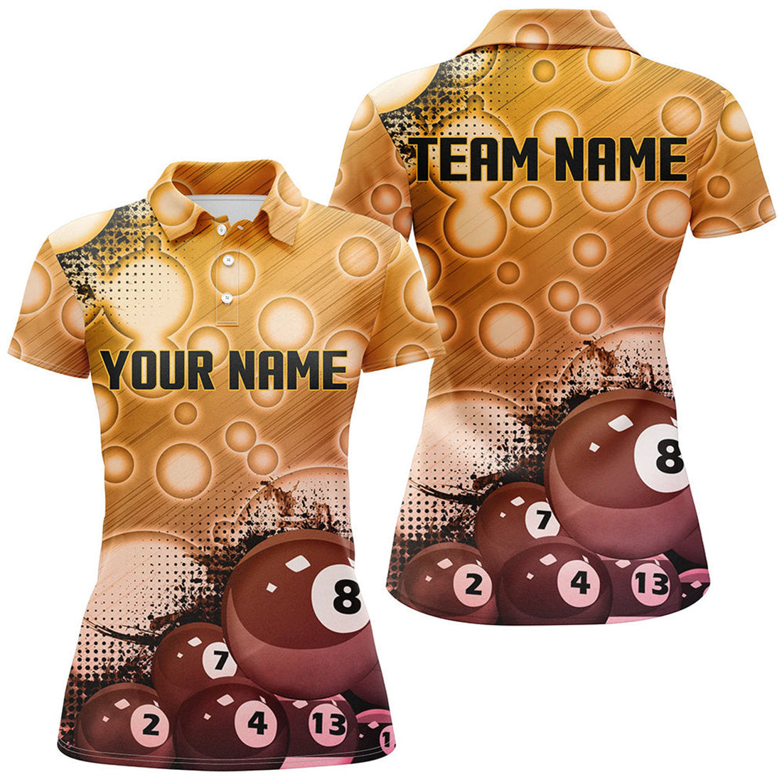 Custom Gold Billiard Balls 3D Pattern Women's Billiard Shirts Personalized 8 Ball Pool Polo Shirts