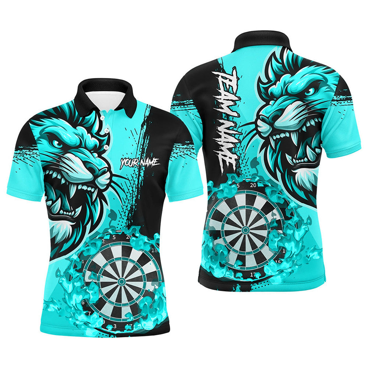 FUNSTUFFPRINT Turquoise Funny Darts Flame Lion Custom Polo Shirt Size S-5XL
