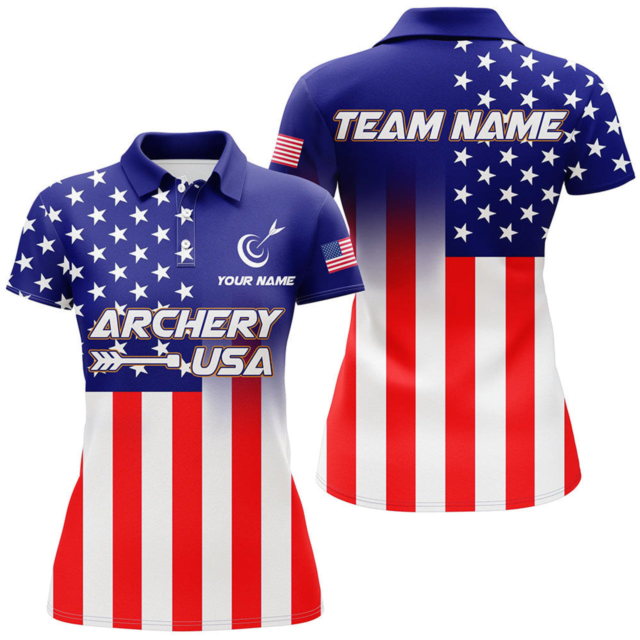 Custom US Flag Custom Full Printing Archery Polo Shirts For Women, Patriotic Team Archery Jerseys