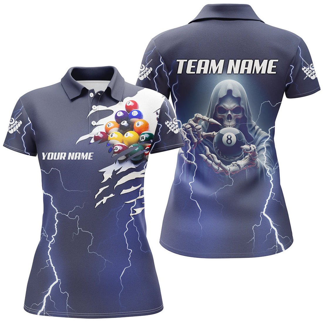 Custom Billiard Skeleton Thunder Lighting Personalized Blue Women Polo Shirts, Billiards Jerseys Uniform