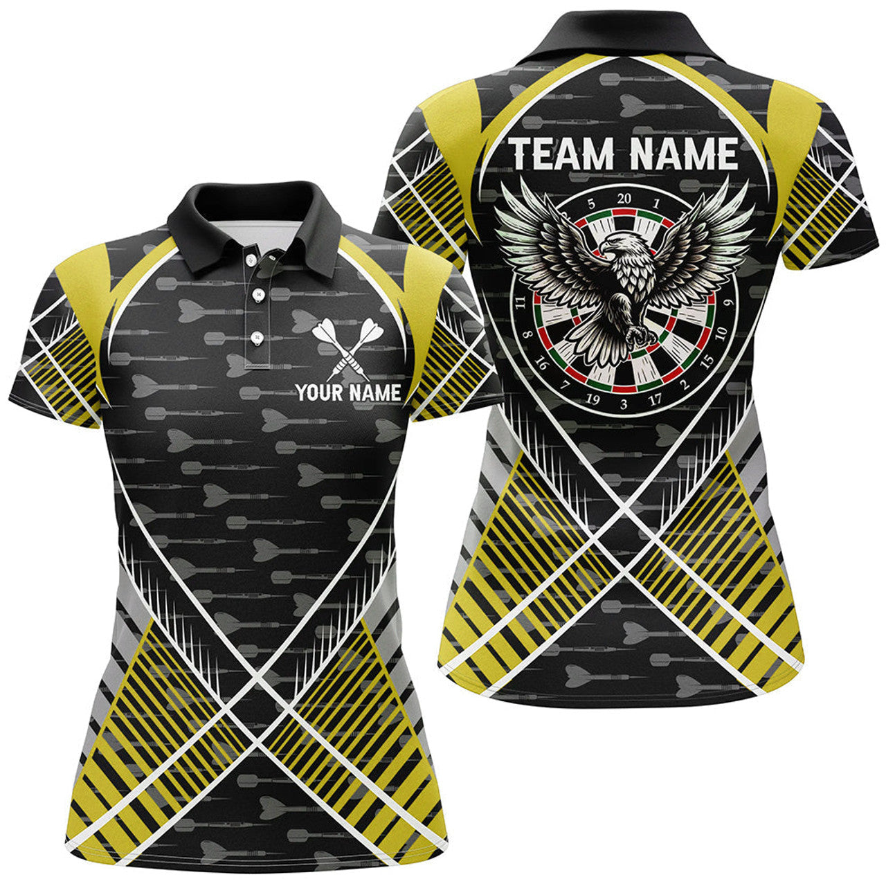 Custom Darts Eagle Arrow Pattern Custom Polo Shirts For Women Best Darts Team Jerseys |Yellow