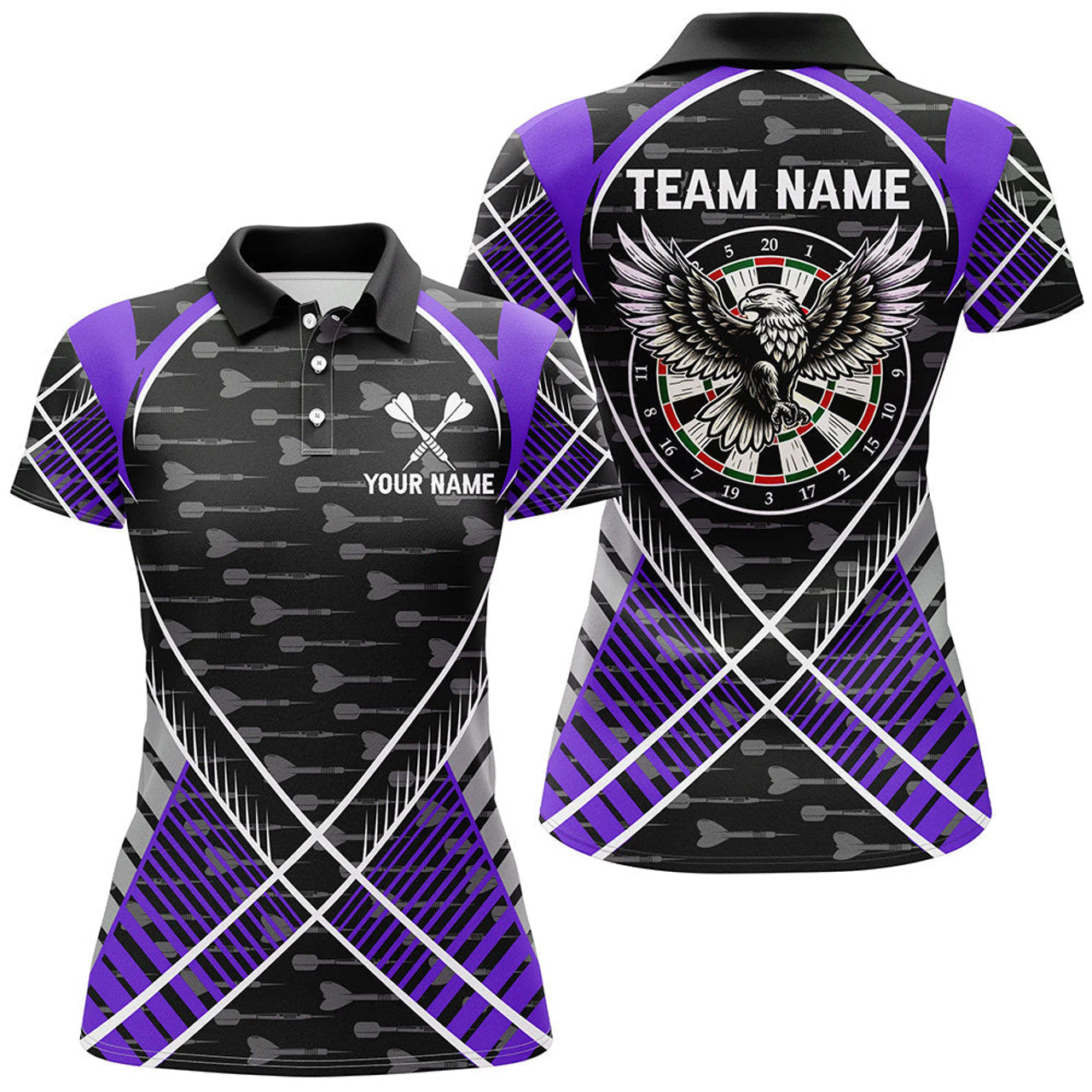 Custom Darts Eagle Arrow Pattern Custom Polo Shirts For Women Best Darts Team Jerseys |Purple