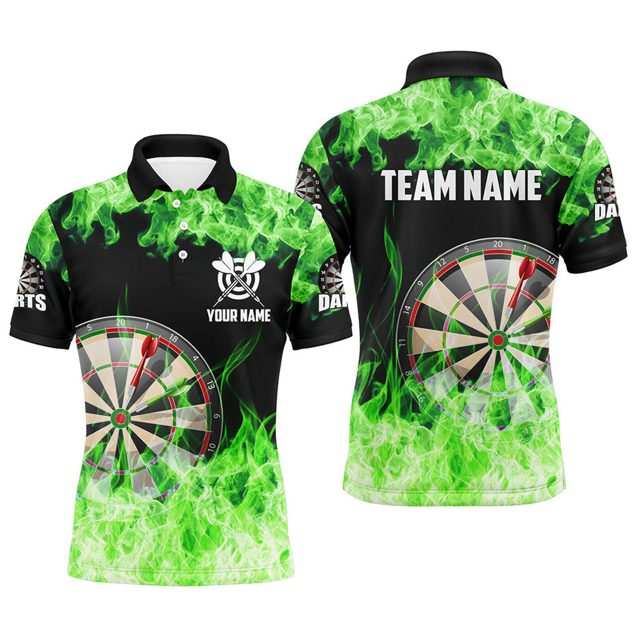 Custom Green Fire Flame Dartboard Men Darts Polo Shirts Custom Darts Shirts For Team Dart Jerseys