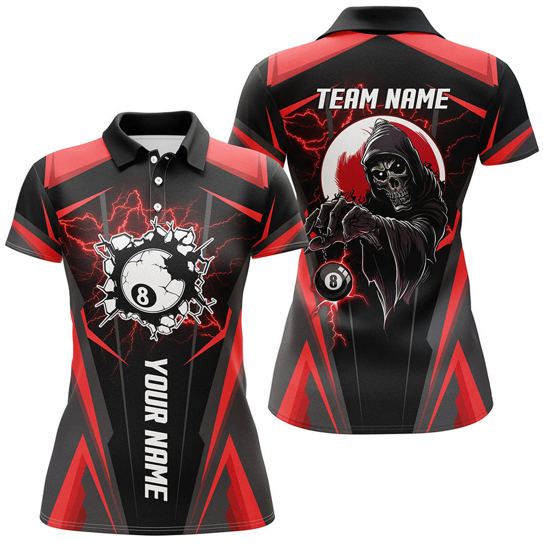Custom Personalized Red Billiard Grim Reaper Women Polo Shirts, Custom Team League Billiard Jerseys Shirts