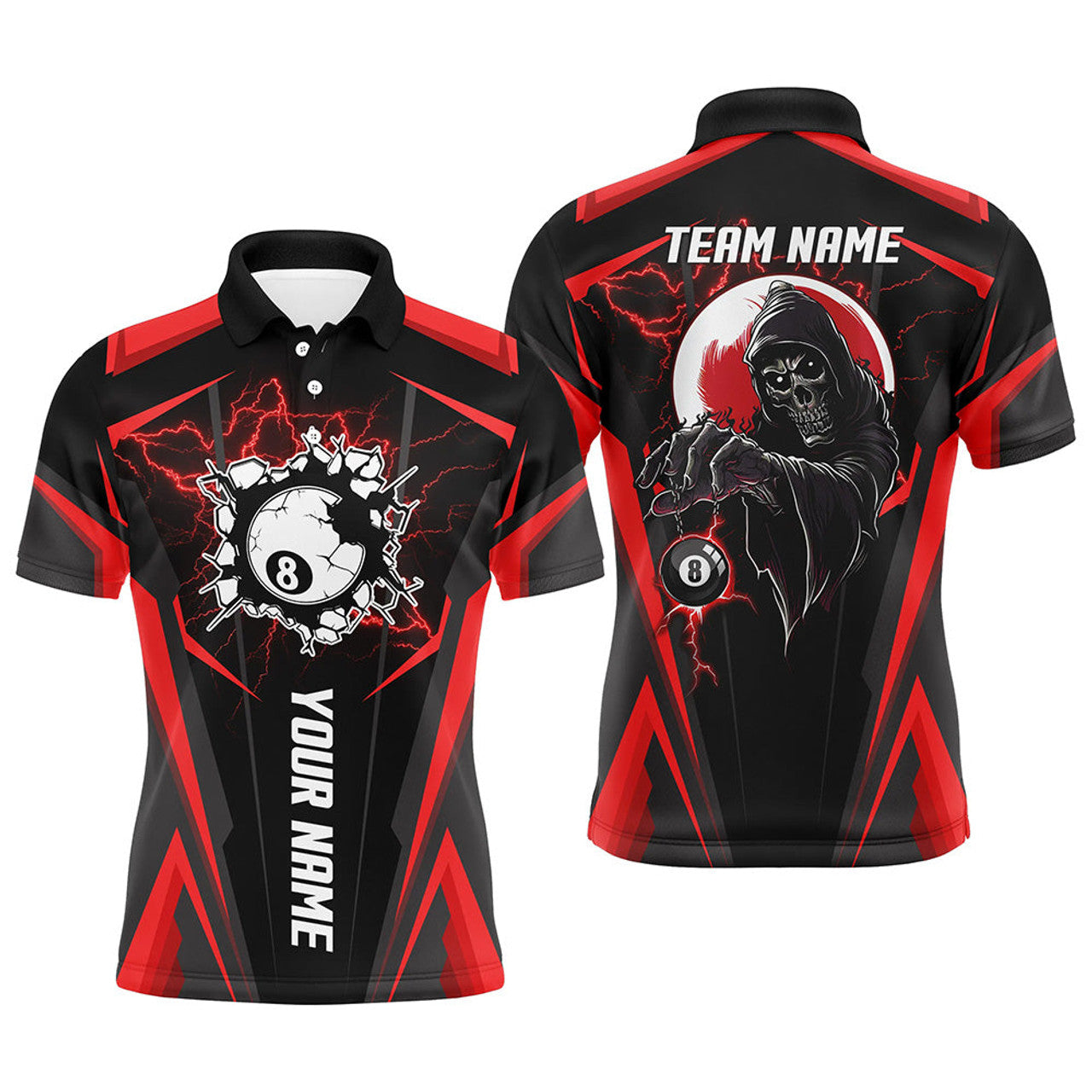 Personalized Red Billiard Grim Reaper Men Polo Shirts, Custom Team League Billiard Jerseys Shirts