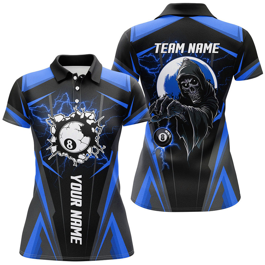 Custom Personalized Blue Billiard Grim Reaper Women Polo Shirts, Custom Team League Billiard Jerseys Shirts