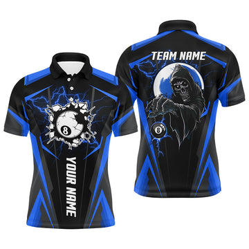 Personalized Blue Billiard Grim Reaper Men Polo Shirts, Custom Team League Billiard Jerseys Shirts