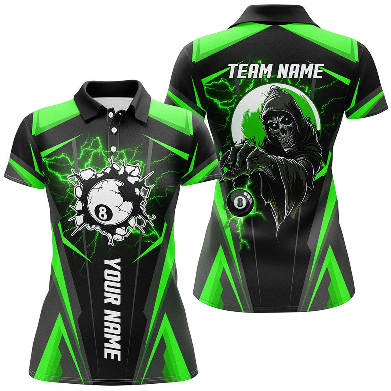 Custom Personalized Green Billiard Grim Reaper Women Polo Shirts, Custom Team League Billiard Jerseys Shirts