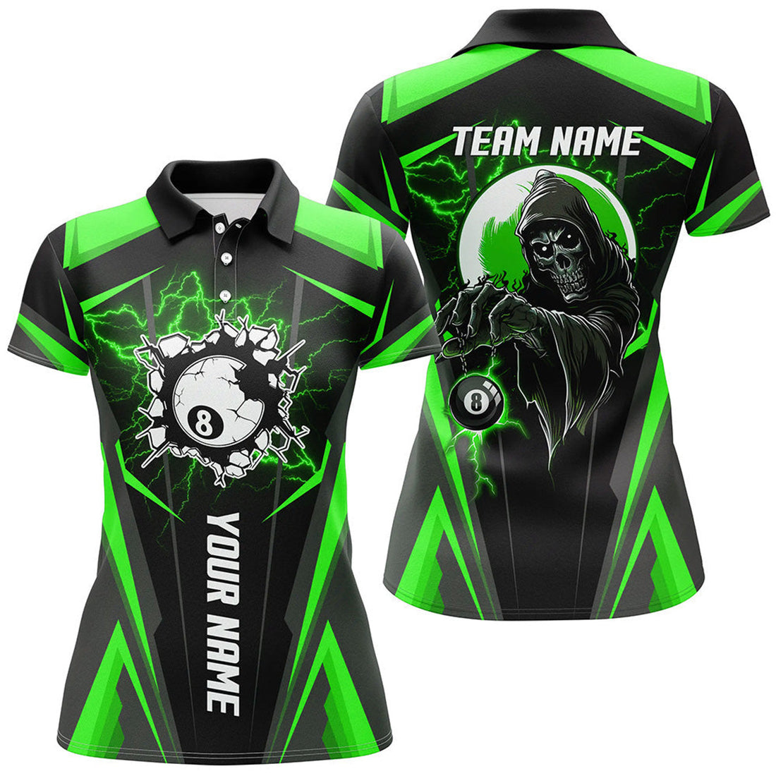 Custom Personalized Green Billiard Grim Reaper Women Polo Shirts, Custom Team League Billiard Jerseys Shirts