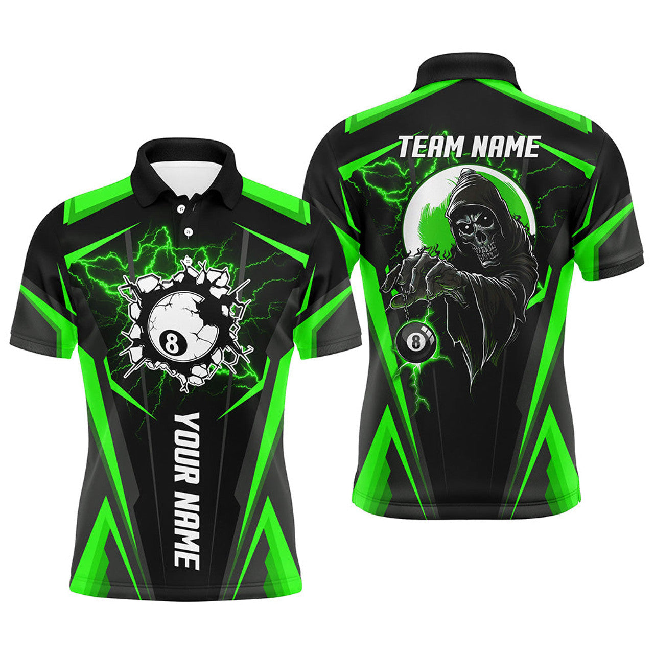 FUNSTUFFPRINT Personalized Green Billiard Grim Reaper Polo Shirt Size S-5XL