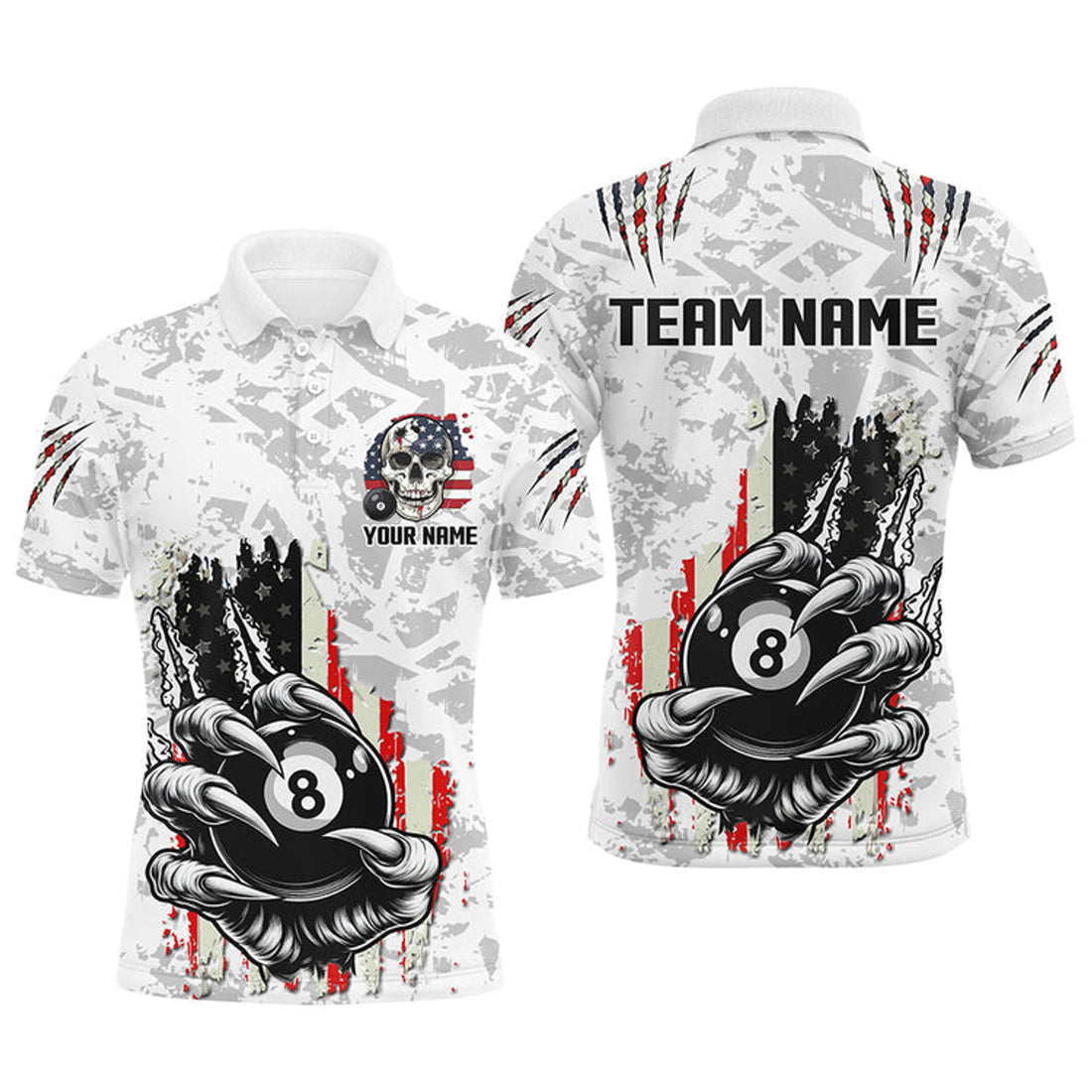 Custom Funny Claw Tearing Us Flag 8 Ball Pool Custom Billiard White Color Shirts For Men