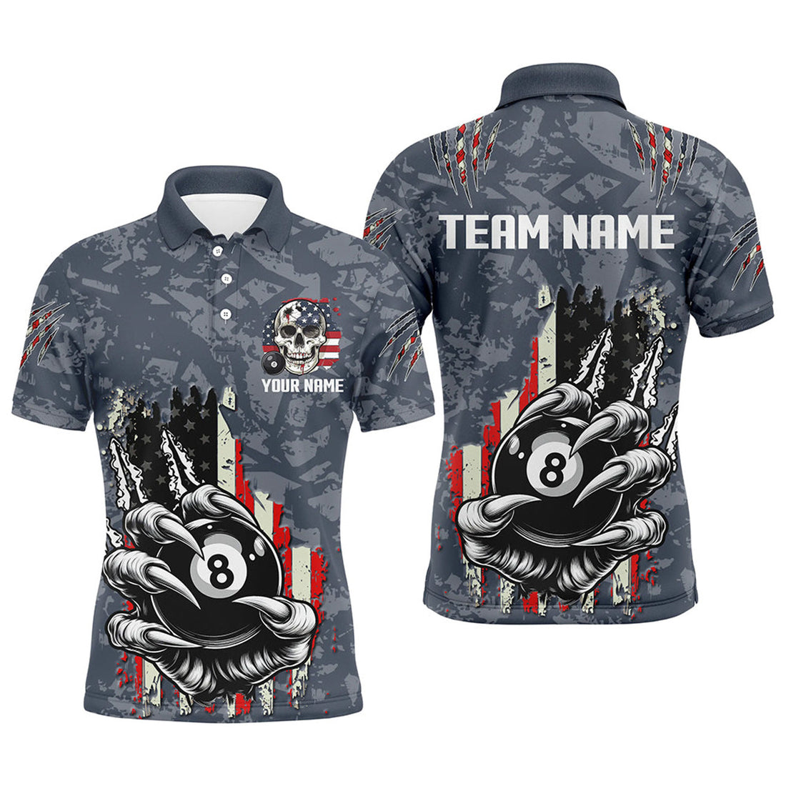 Custom Funny Claw Tearing Us Flag 8 Ball Pool Custom Billiard White Color Shirts For Men