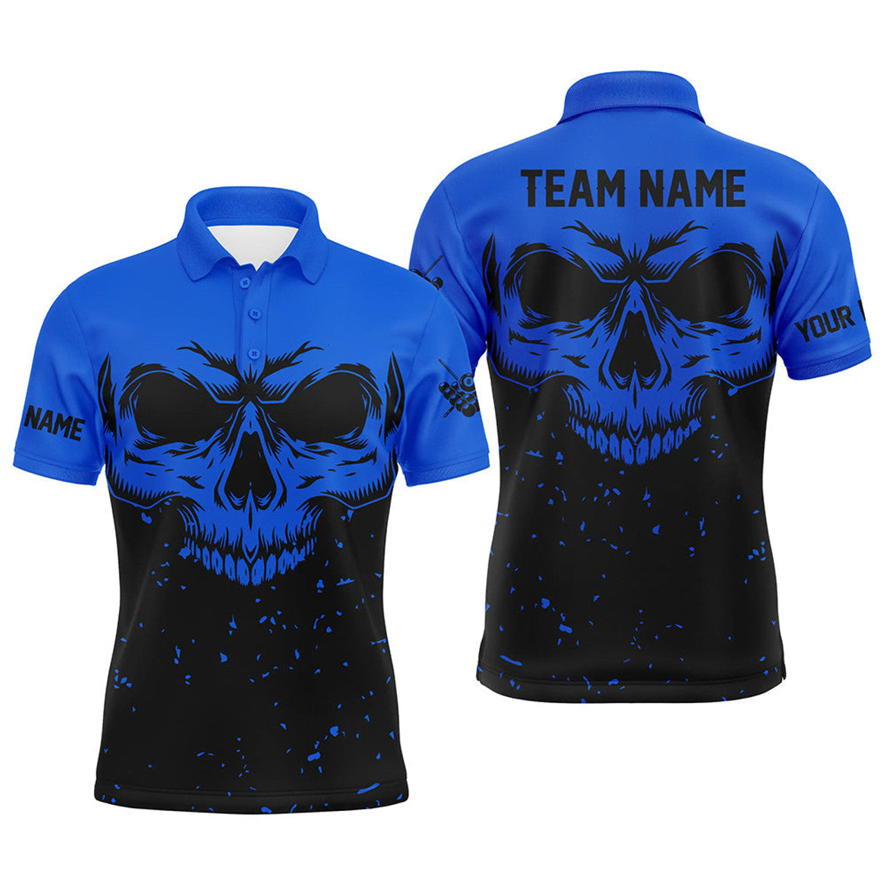 FUNSTUFFPRINT Custom Grunge Black Blue Skull Billiard Men Polo Shirt Size S-5XL