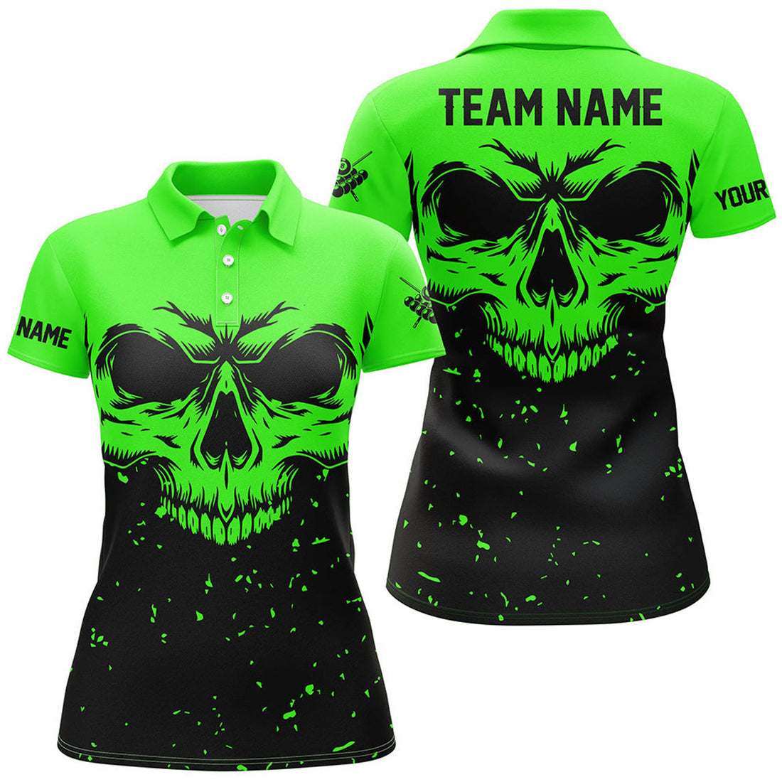 Custom Grunge Black Green Skull Billiard Women Polo Shirts, 8 Ball Billiards Apparel Clothing