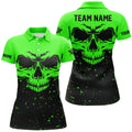 Custom Grunge Black Green Skull Billiard Women Polo Shirts, 8 Ball Billiards Apparel Clothing