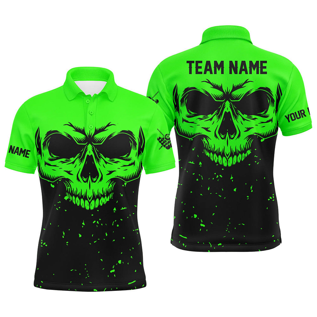 Custom Grunge Black Green Skull Billiard Men Polo Shirts, 8 Ball Billiards Apparel Clothing