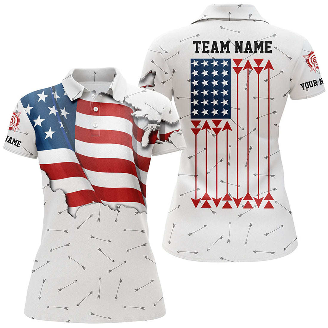 Custom Personalized Patriotic USA Flag Archery Women Polo Shirts Custom Name Archery Team Uniform Shirts