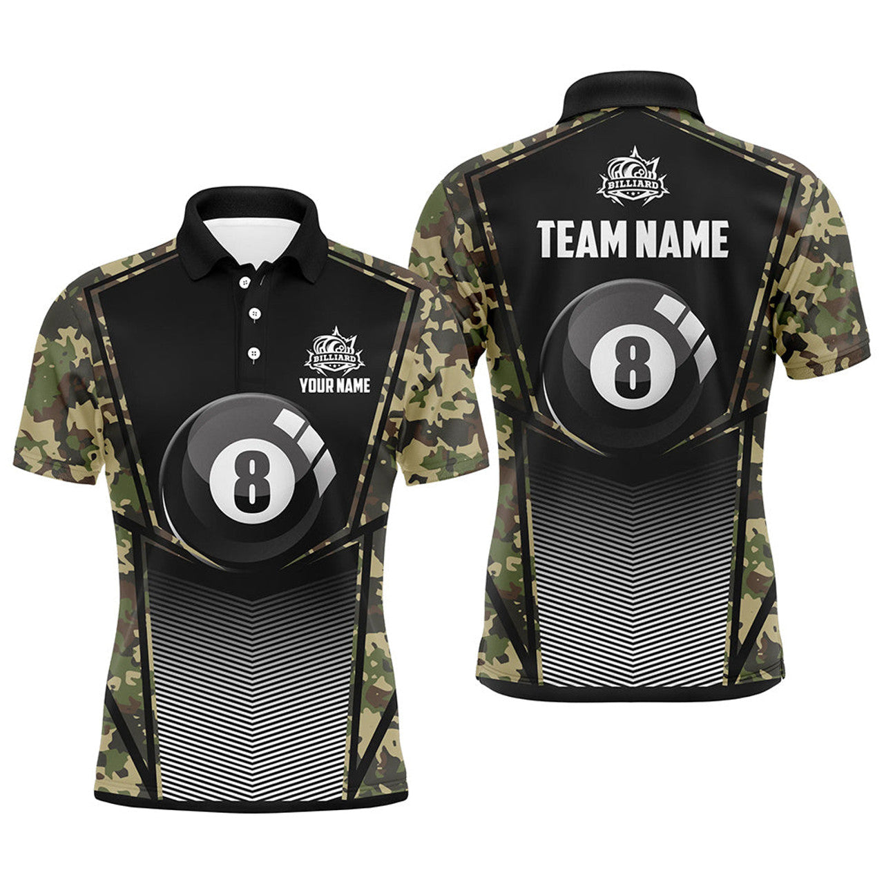 FUNSTUFFPRINT Personalized Green Camo Billiards 8 Ball Pool Men Polo Shirt Size S-5XL