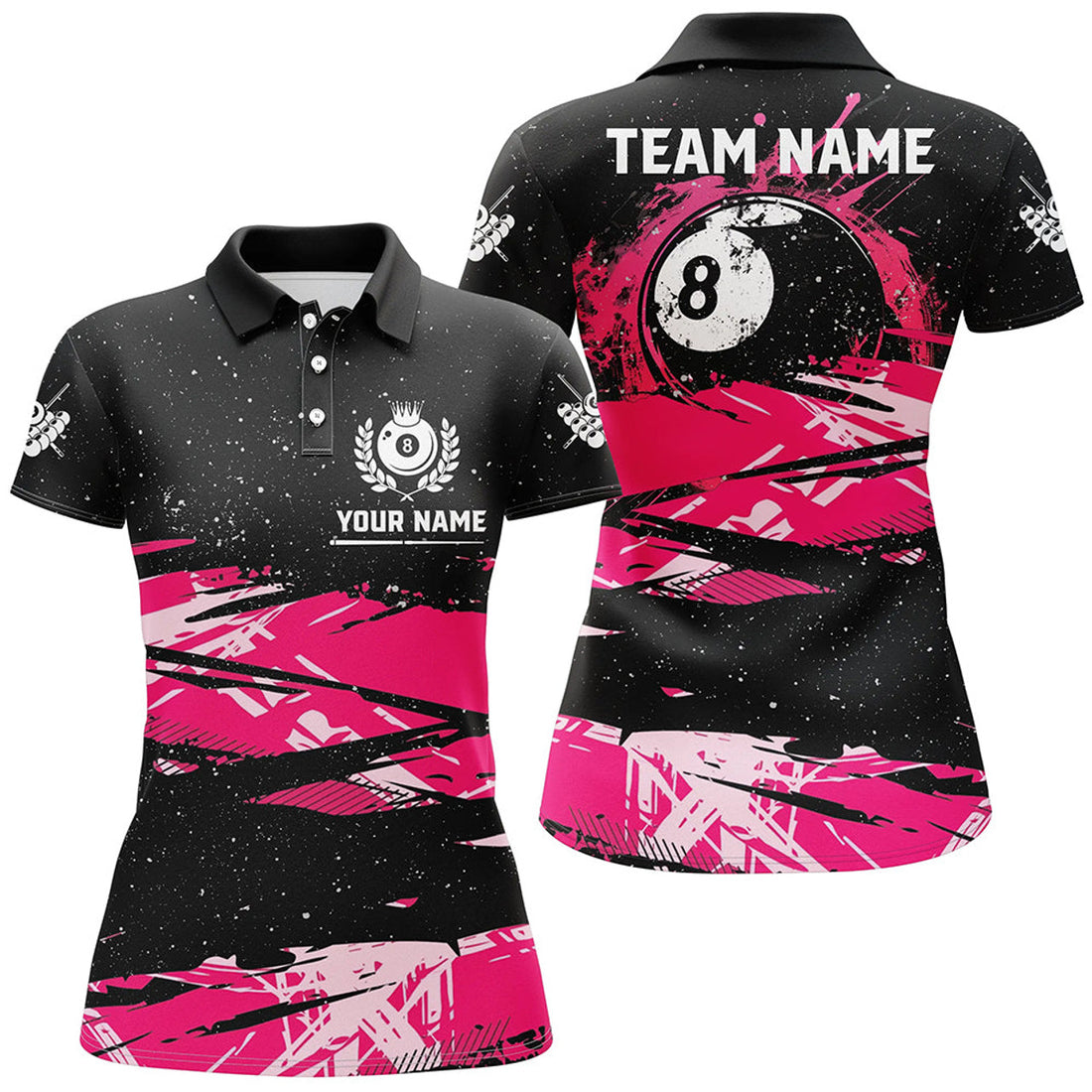 Custom Pink Grunge Billiard 8 Ball Pool Women Polo Shirts, Billiard Mother's Day Pool Player Gifts