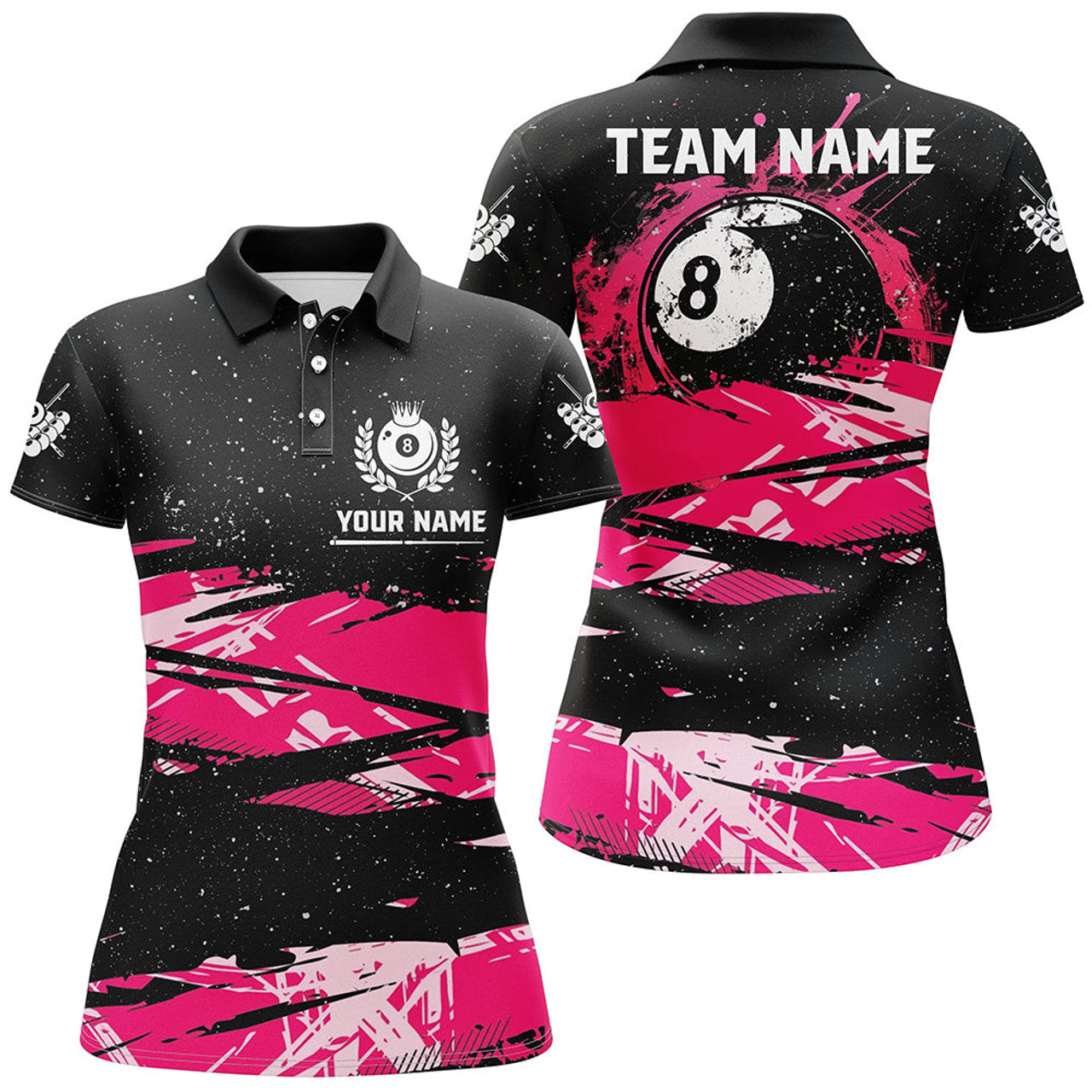 Custom Pink Grunge Billiard 8 Ball Pool Women Polo Shirts, Billiard Mother's Day Pool Player Gifts