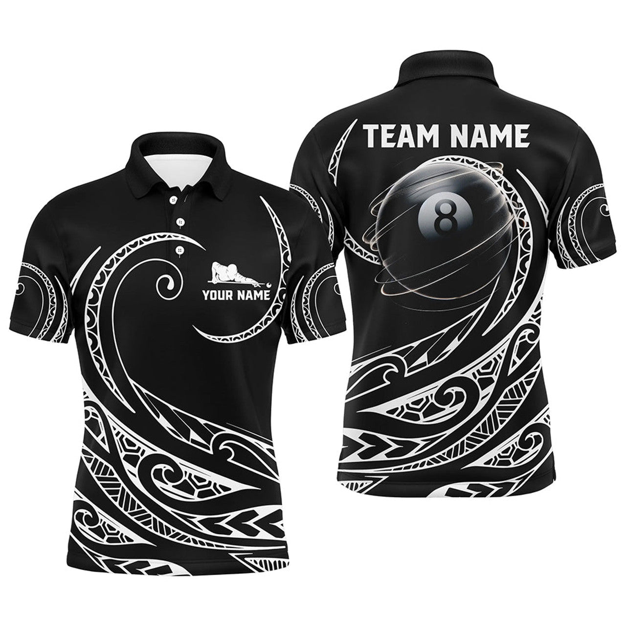 FUNSTUFFPRINT Personalized Black White 8 Ball Pool Tribal Pattern Men Polo Shirt Size S-5XL